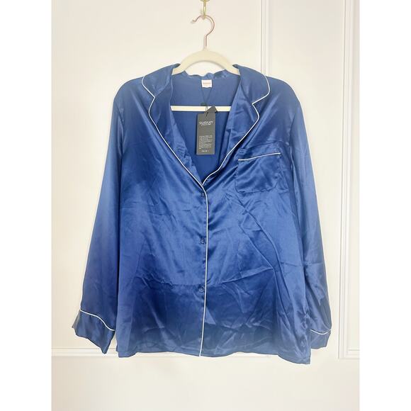 NWT 100% Silk Long Sleeve Navy Blue Pajama Set Size L - Picture 2 of 9